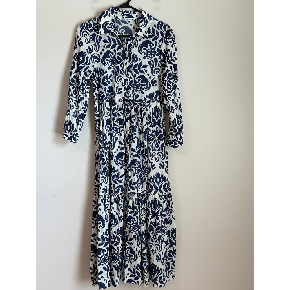 Zara Shirt Dress Midi Dress Size XS White Blue Floral Cotton